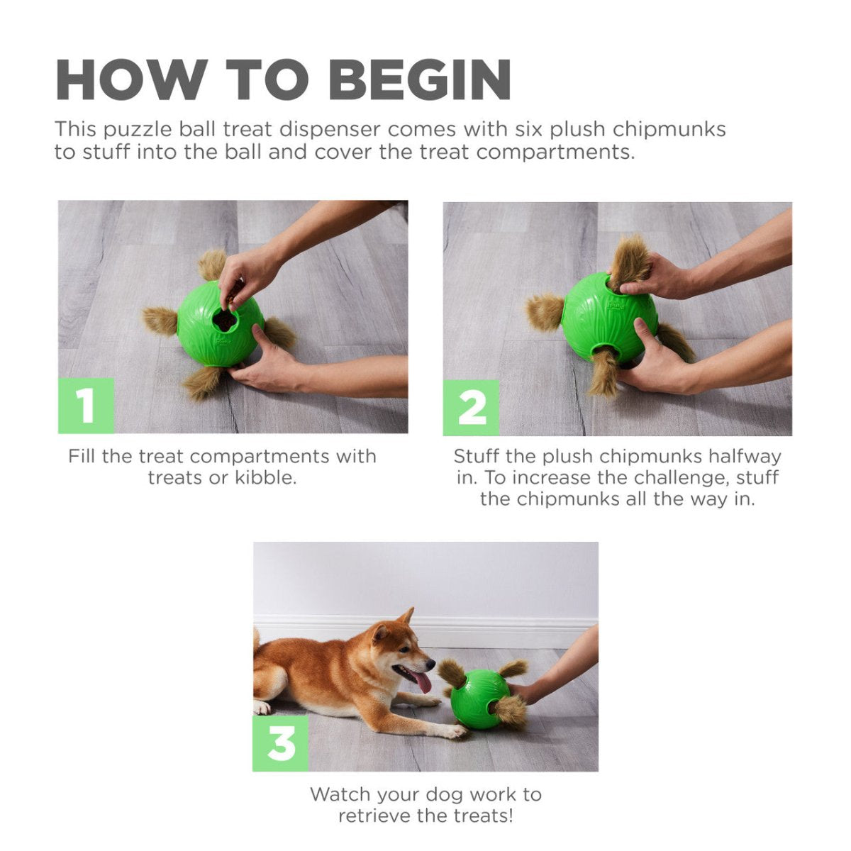 How to use the Nina Ottosson Dog Snuffle ’n Treat Ball by filling treat compartments and adding plush chipmunks