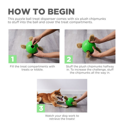 How to use the Nina Ottosson Dog Snuffle ’n Treat Ball by filling treat compartments and adding plush chipmunks