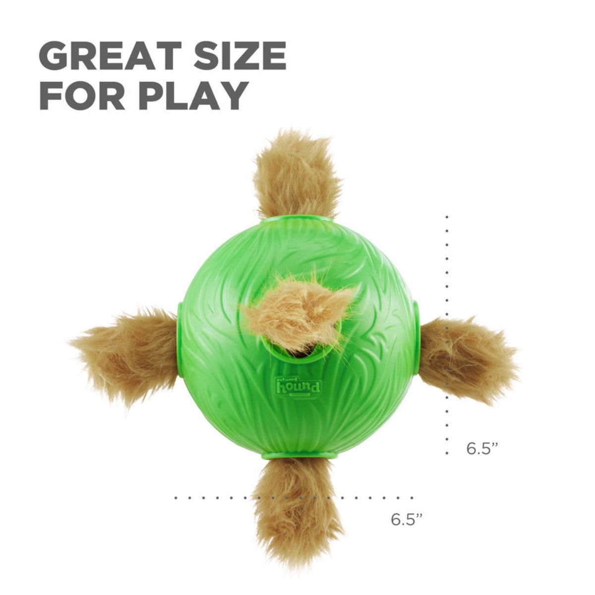 Size reference image for Nina Ottosson Dog Snuffle ’n Treat Ball green puzzle toy with plush chipmunks