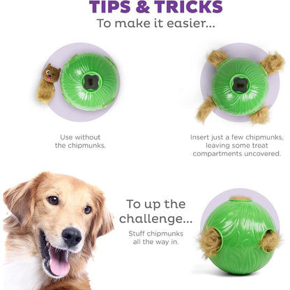 Nina Ottosson Snuffle ’n Treat Ball tips showing easier and harder ways to place plush chipmunks for Level 2 play