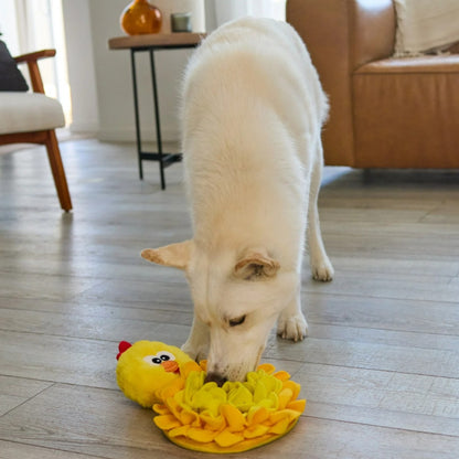 Dog using Nina Ottosson Snuffle Palz Chicken for treat seeking and nose work enrichment