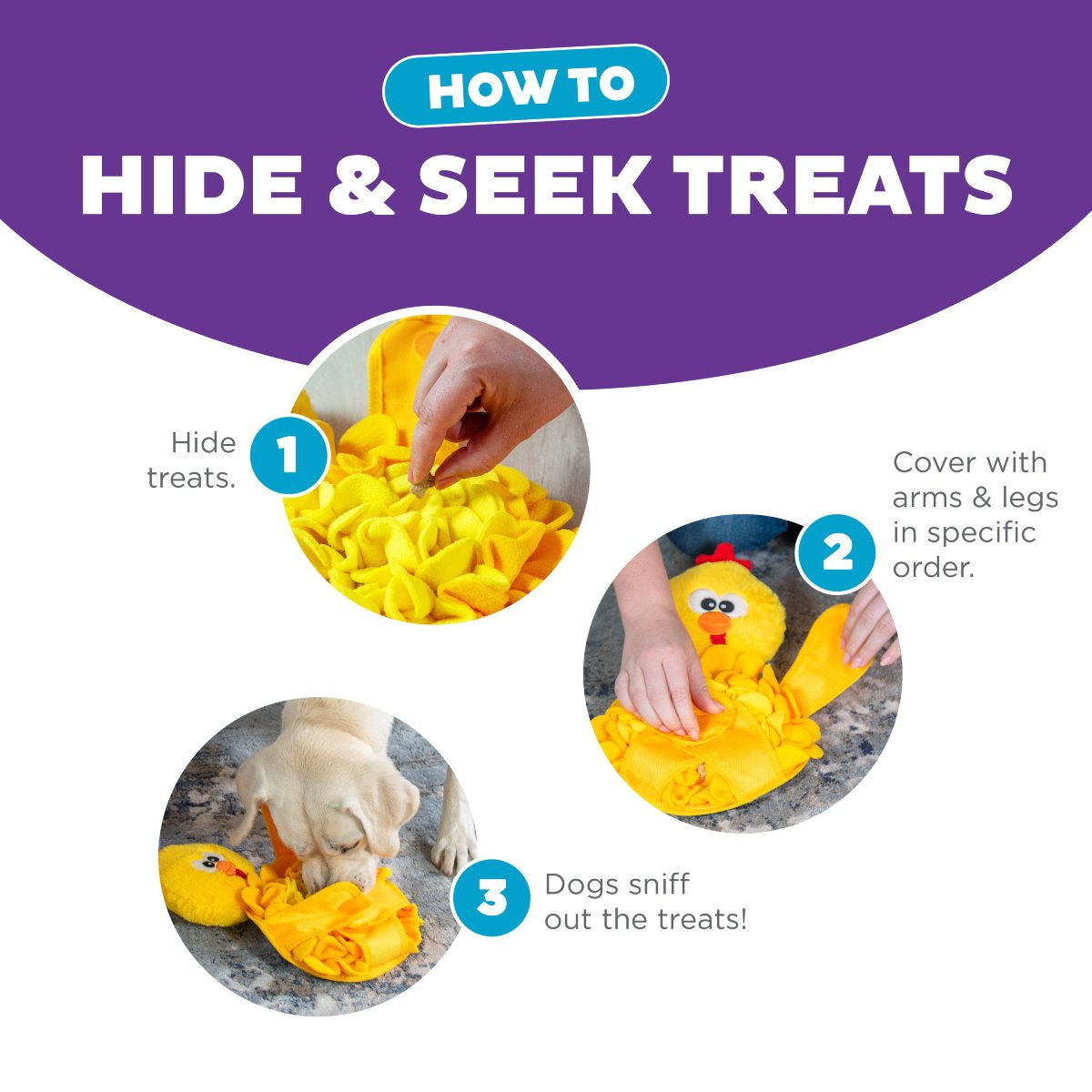 How to use Nina Ottosson Snuffle Palz Chicken by hiding treats in the snuffle mat and covering them for nose work play