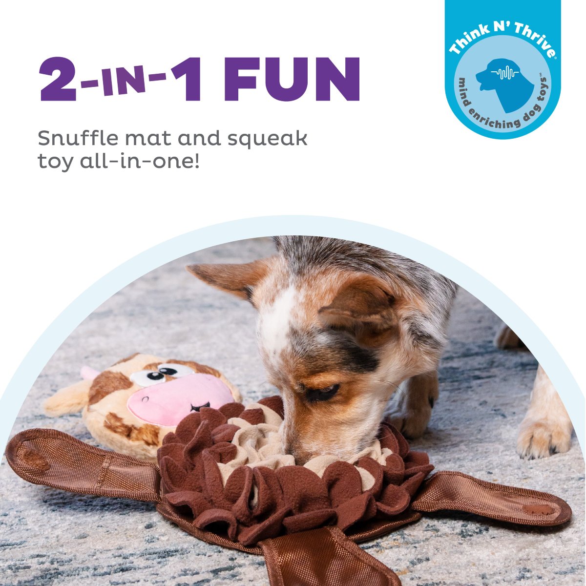 Nina Ottosson Snuffle Palz Cow Large 2-in-1 dog enrichment toy showing snuffle mat and squeaky plush cow for hidden treat play
