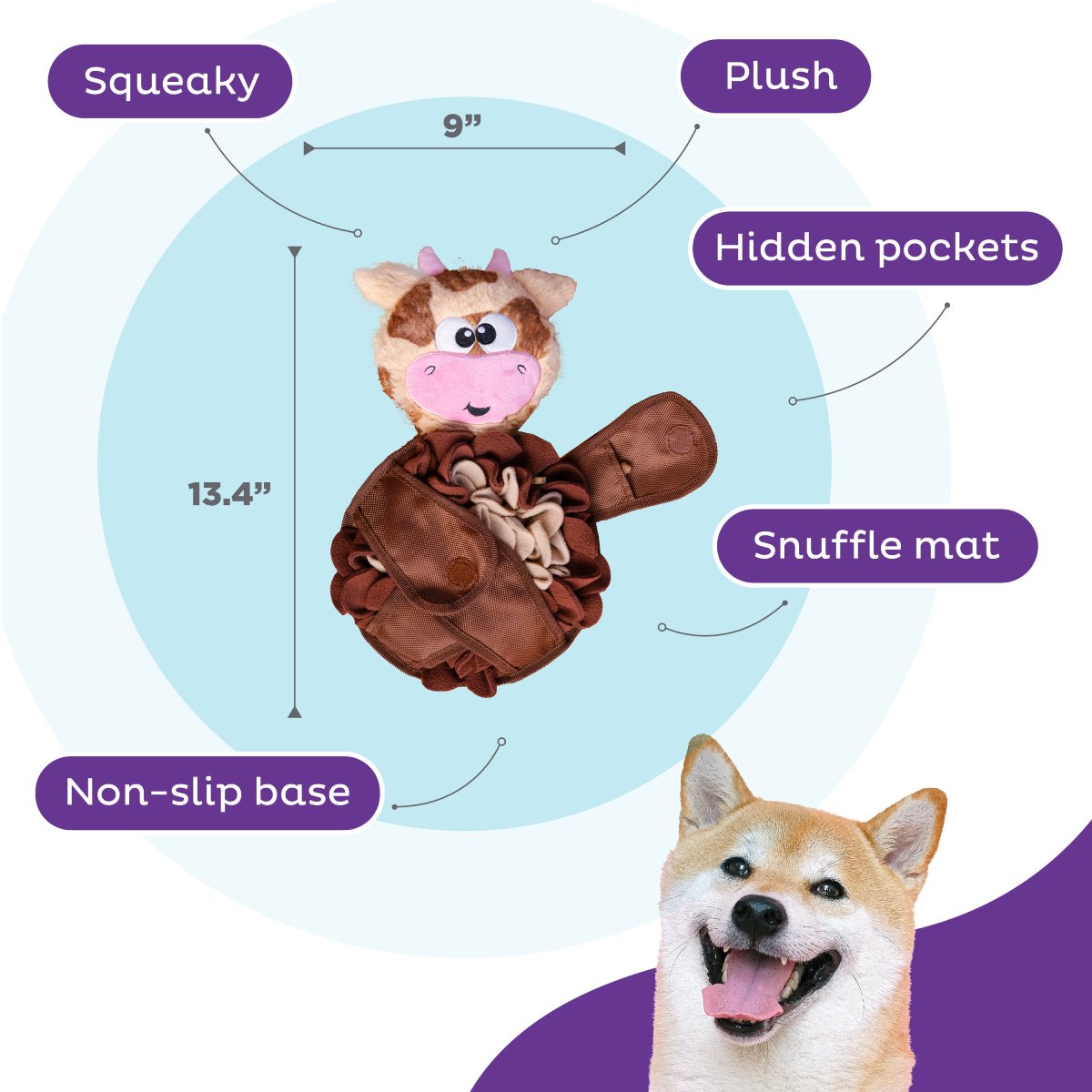 Nina Ottosson Snuffle Palz Cow Large feature image showing 13.4 inch plush snuffle mat with squeaky toy hidden pockets and non-slip base