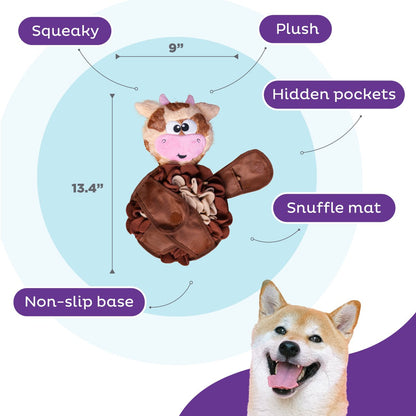 Nina Ottosson Snuffle Palz Cow Large feature image showing 13.4 inch plush snuffle mat with squeaky toy hidden pockets and non-slip base