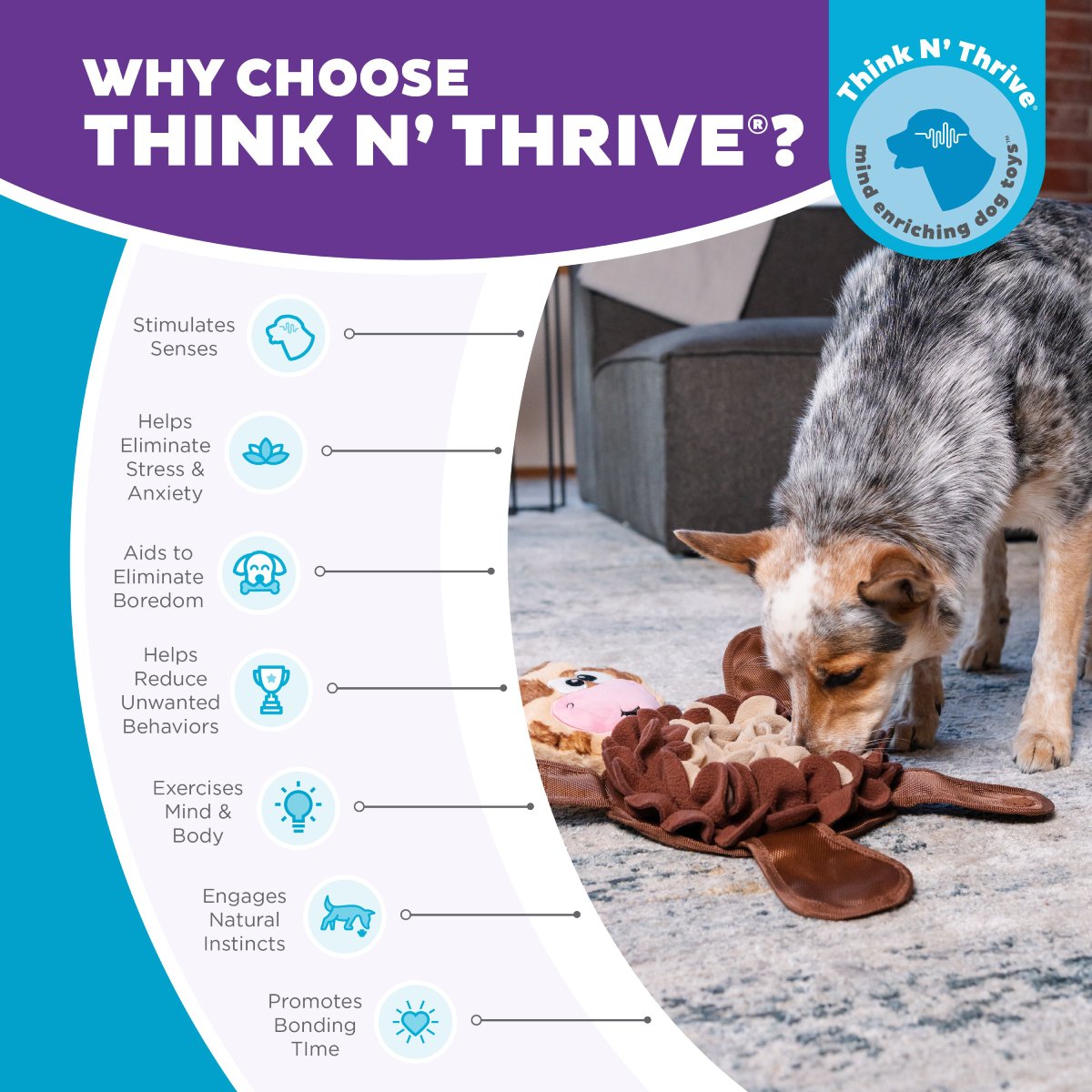 Nina Ottosson Snuffle Palz Cow Large Think N’ Thrive benefits image showing dog using plush snuffle mat for mental stimulation and natural sniffing play