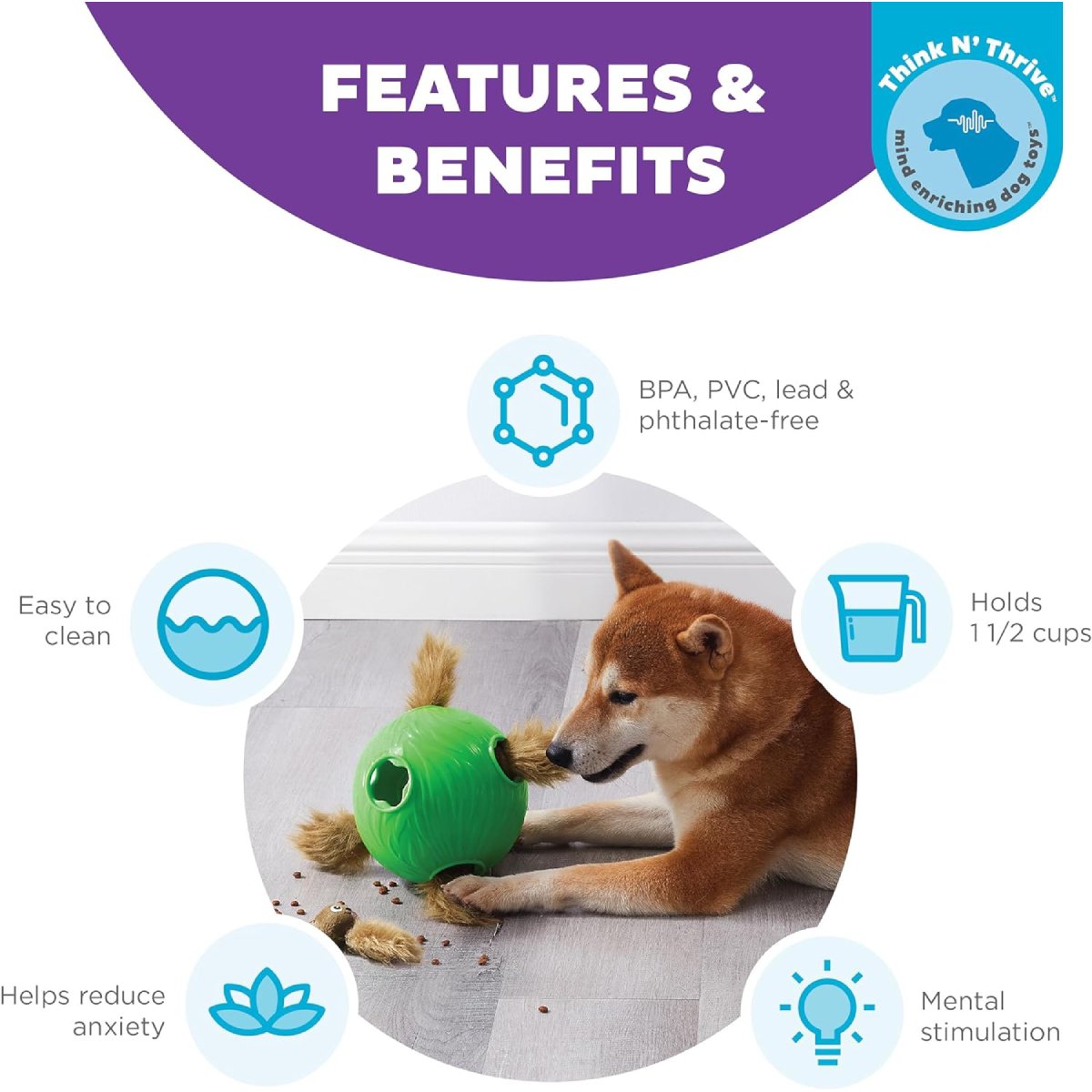 Features and benefits of Nina Ottosson Snuffle ’n Treat Ball showing mental stimulation and treat capacity for dogs