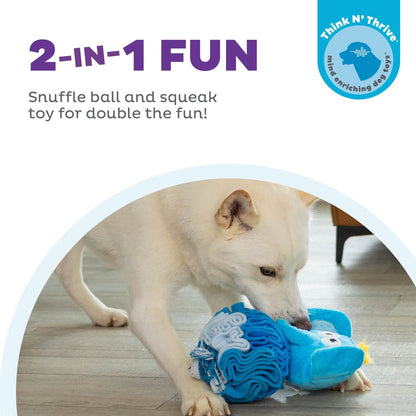 Dog playing with Nina Ottosson Stuff N Snuffle Elephant blue treat puzzle and plush enrichment toy