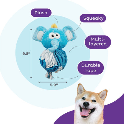 Nina Ottosson Stuff N Snuffle Elephant blue dog puzzle showing plush, squeaky, multi layered design and size