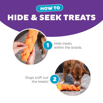 How to hide treats inside the Nina Ottosson Twistiez Dragon braided plush dog puzzle toy