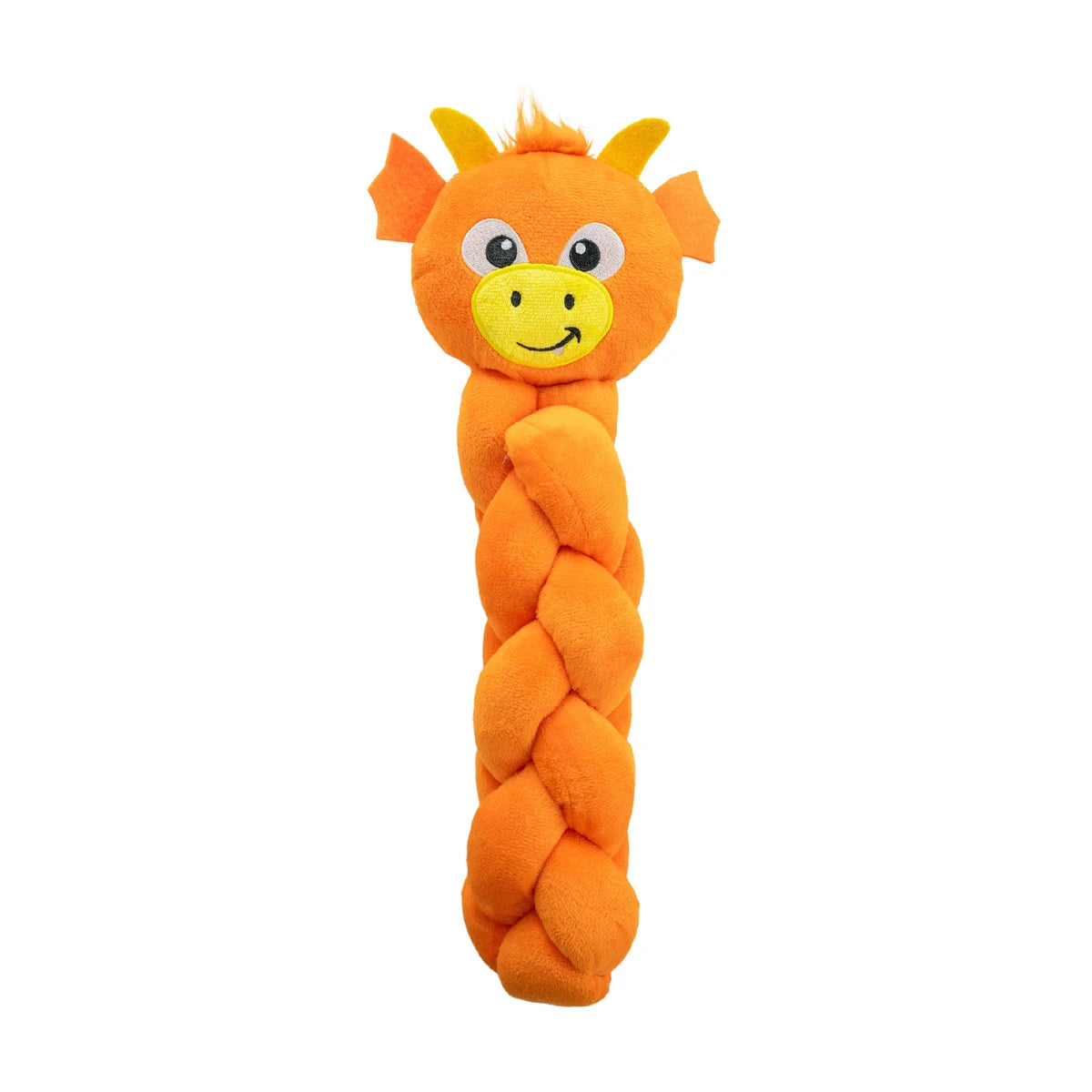 Nina Ottosson Twistiez Dragon plush braided dog puzzle toy with squeaker and treat-hiding design on white background