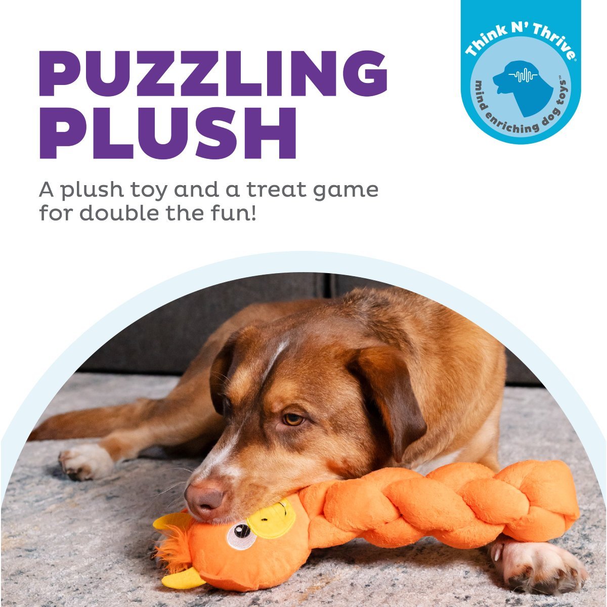 Nina Ottosson Twistiez Dragon plush dog puzzle toy with orange braided body for treat-hiding enrichment play