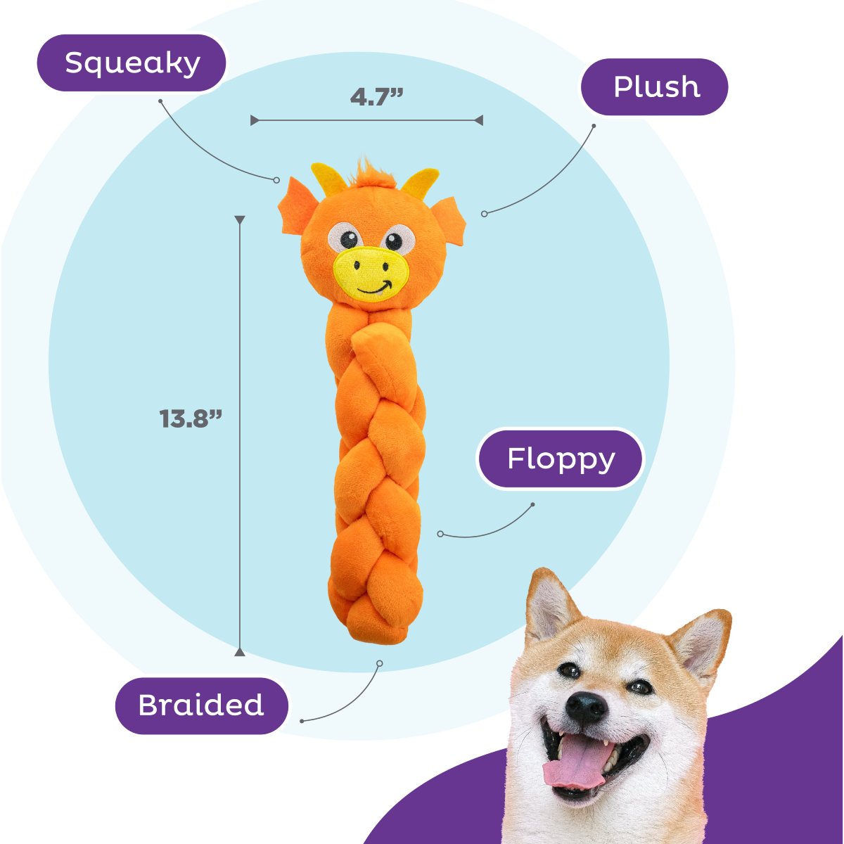 Nina Ottosson Twistiez Dragon plush dog toy showing squeaky plush braided design and size details