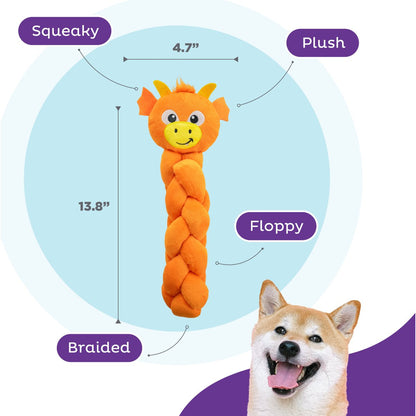Nina Ottosson Twistiez Dragon plush dog toy showing squeaky plush braided design and size details