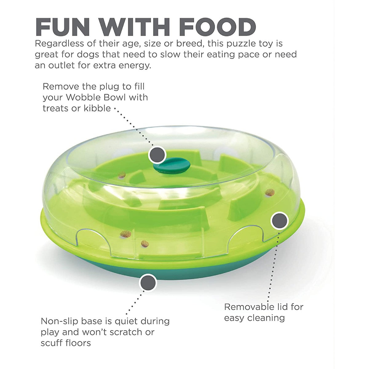 Wobble Bowl features non slip base and removable lid for easy cleaning