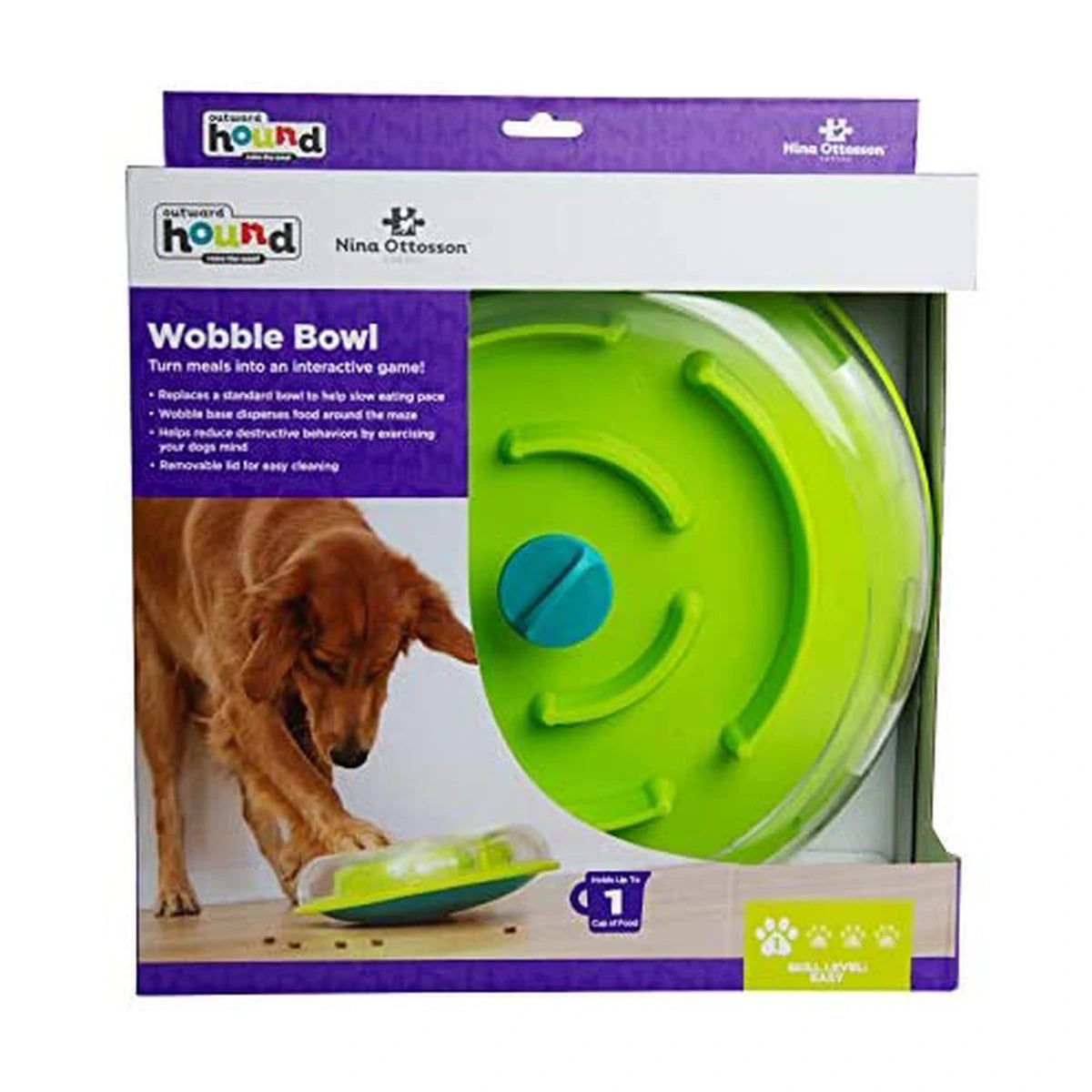 Nina Ottosson Wobble Bowl Level 1 Easy puzzle feeder packaging by Outward Hound