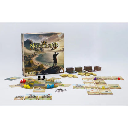 Norsewind board game setup with kingdom cards market board coins and Viking pieces
