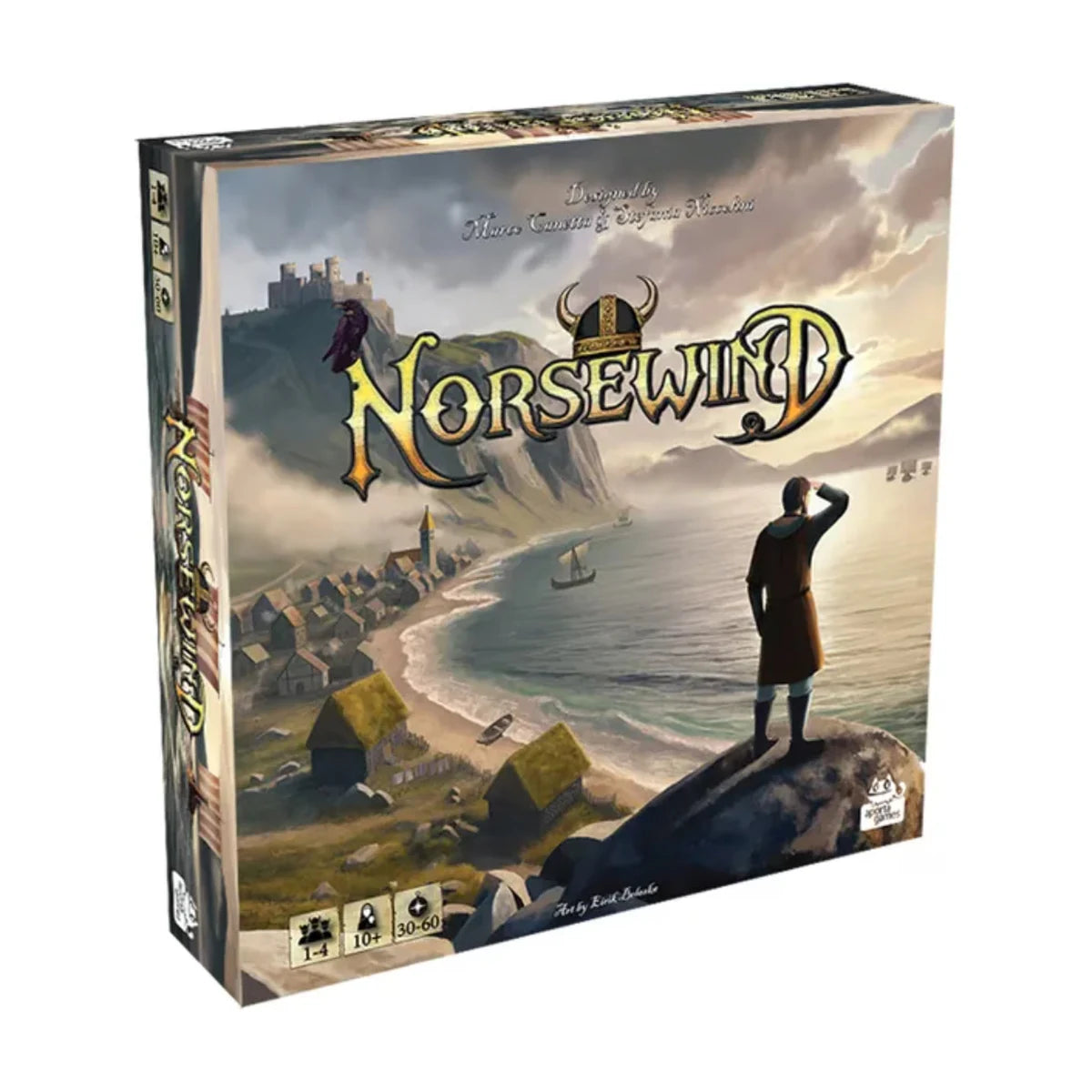 Norsewind Viking strategy board game box front with coastal kingdom artwork