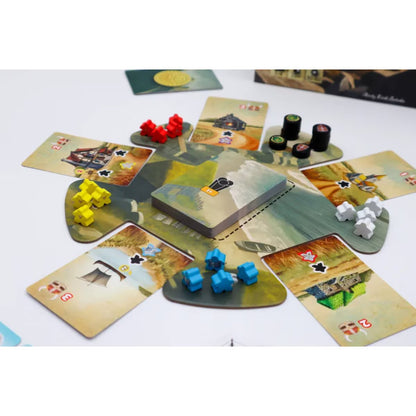 Norsewind strategy board game components with cards board coins and player pieces