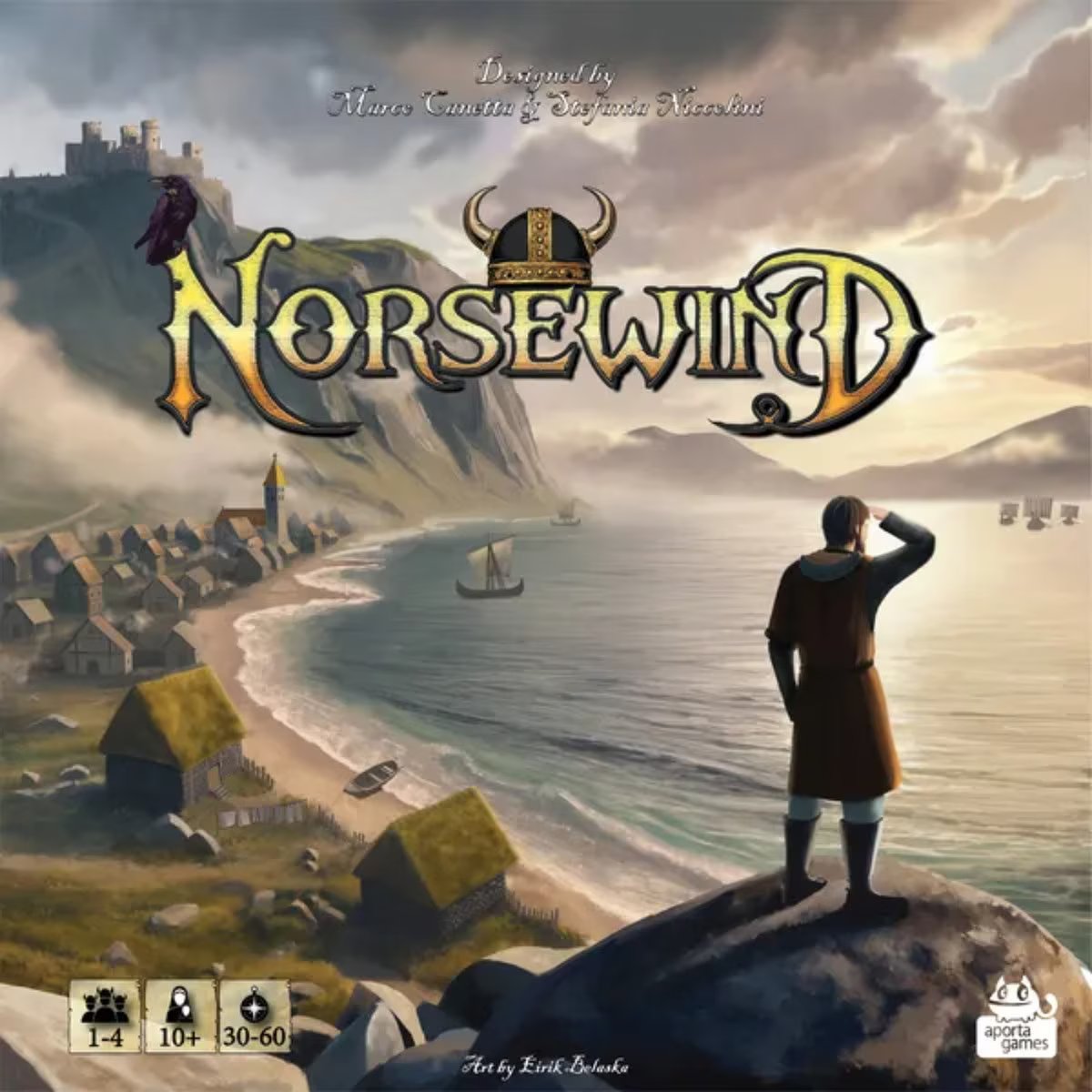 Norsewind board game cover art showing a ruler watching the Viking coast