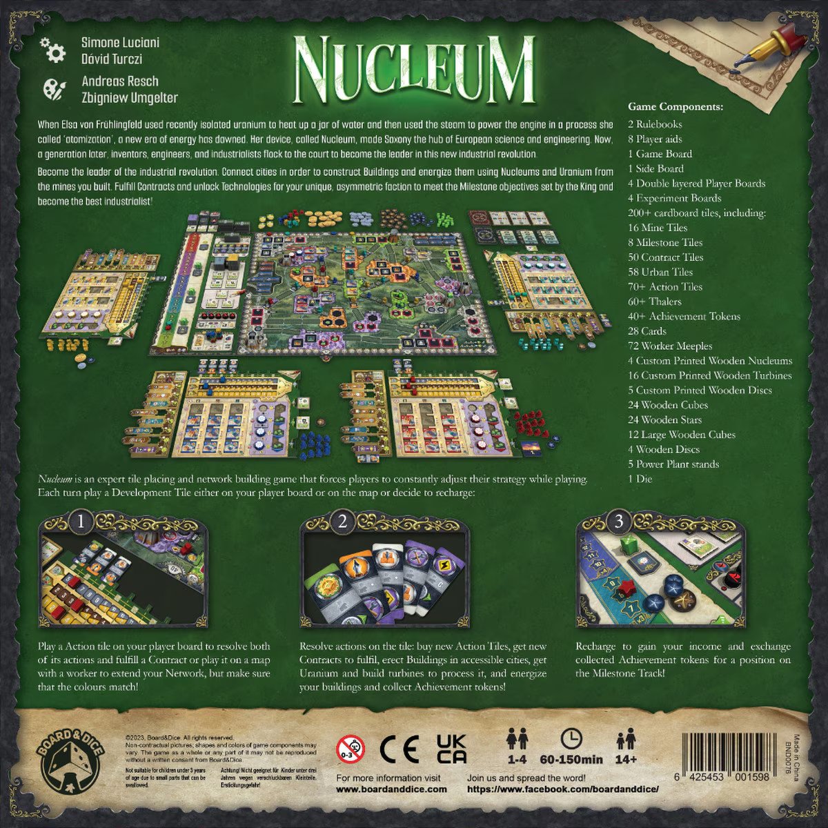 Nucleum board game box back showing components and gameplay overview