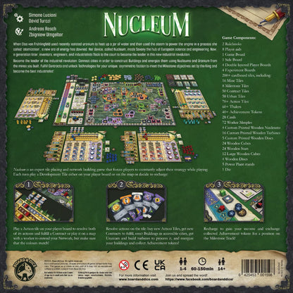 Nucleum board game box back showing components and gameplay overview