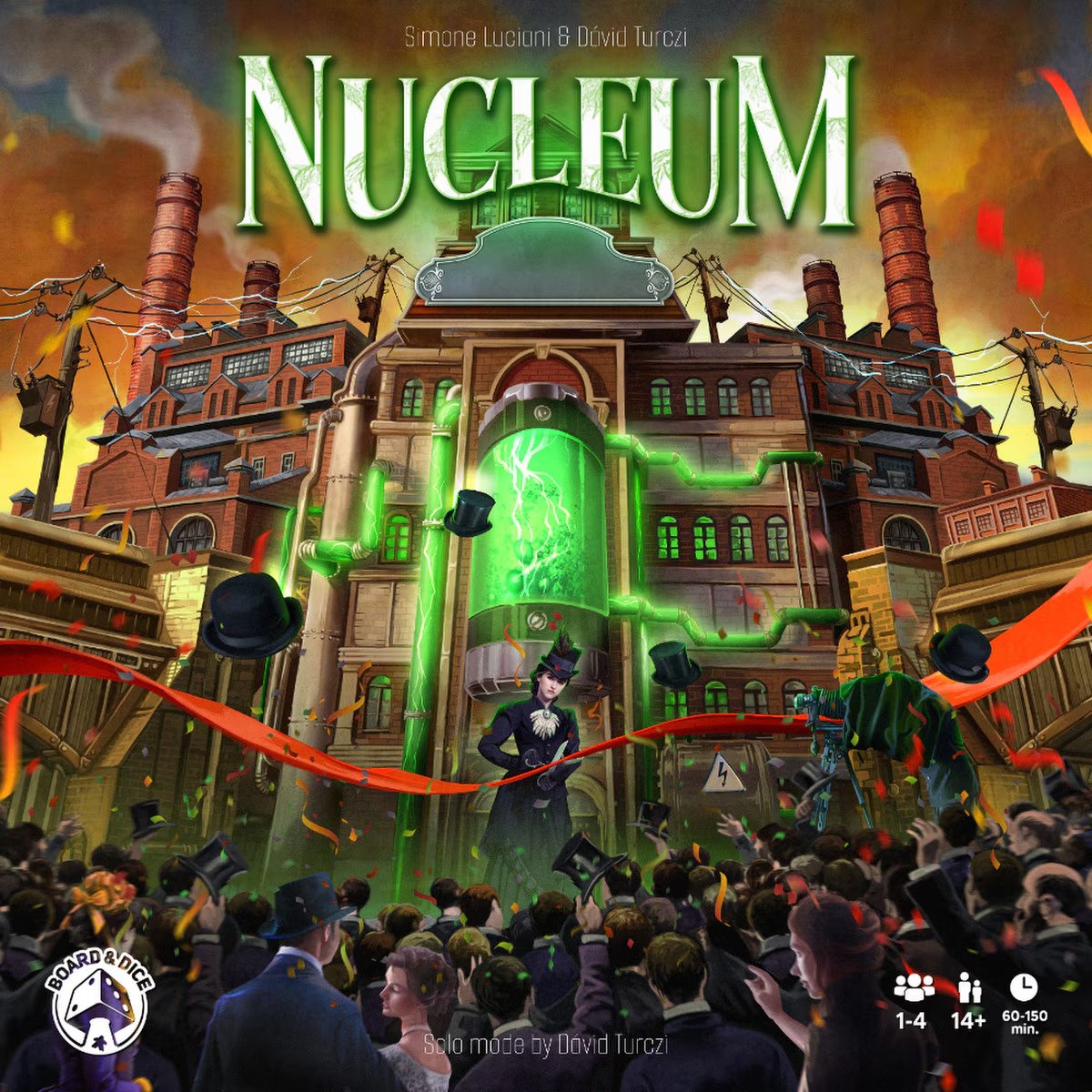 Nucleum board game cover art with industrial city and green energy reactor