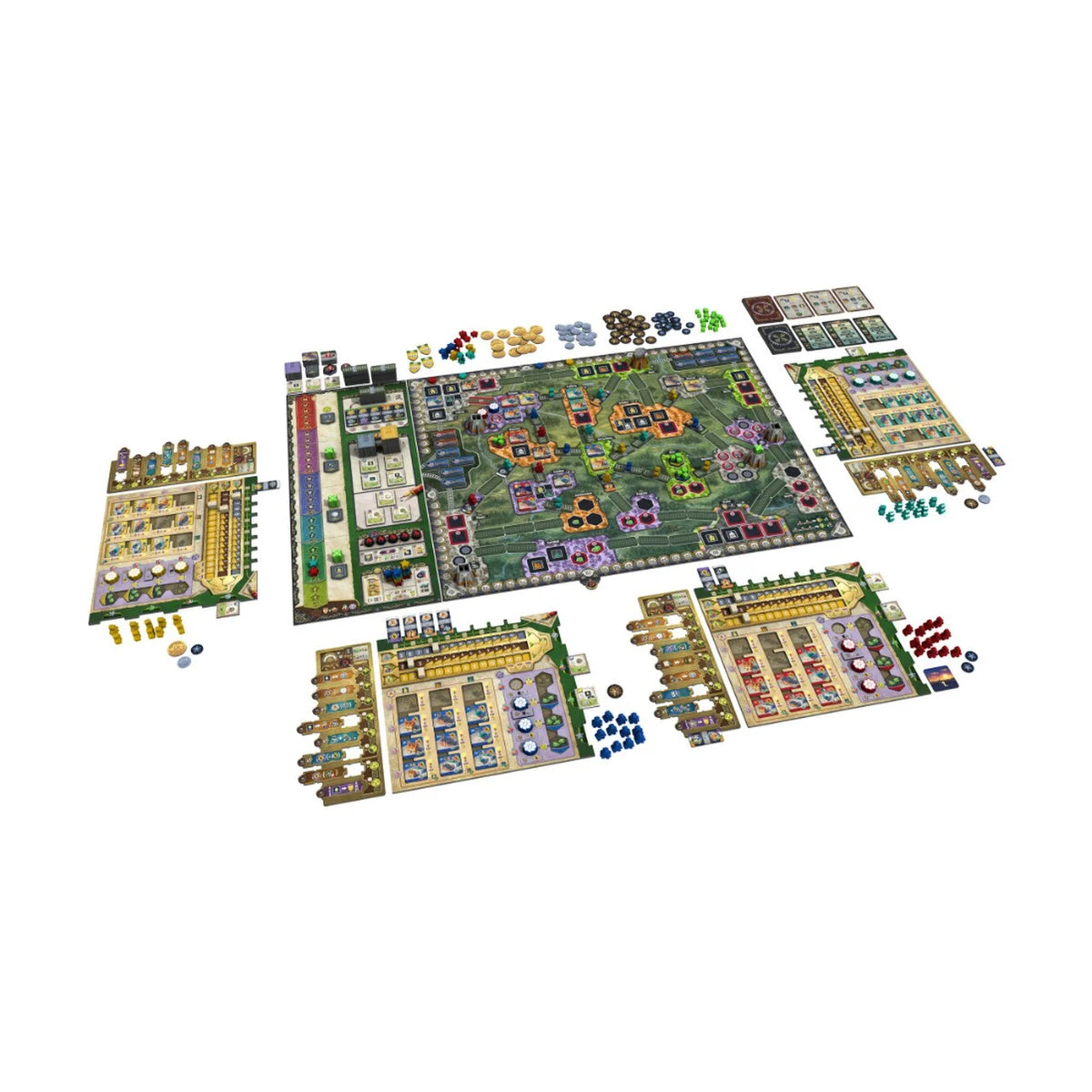 Nucleum board game full setup with main board, player boards, cards and tokens