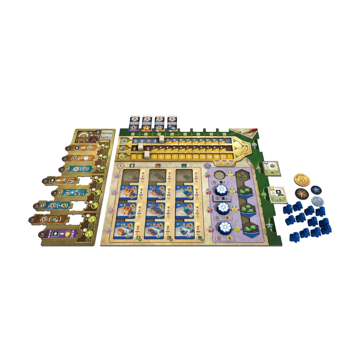Nucleum player board setup with action tiles, tracks, cards and blue pieces