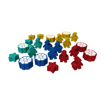 Nucleum wooden player pieces in red, blue, yellow and teal colors