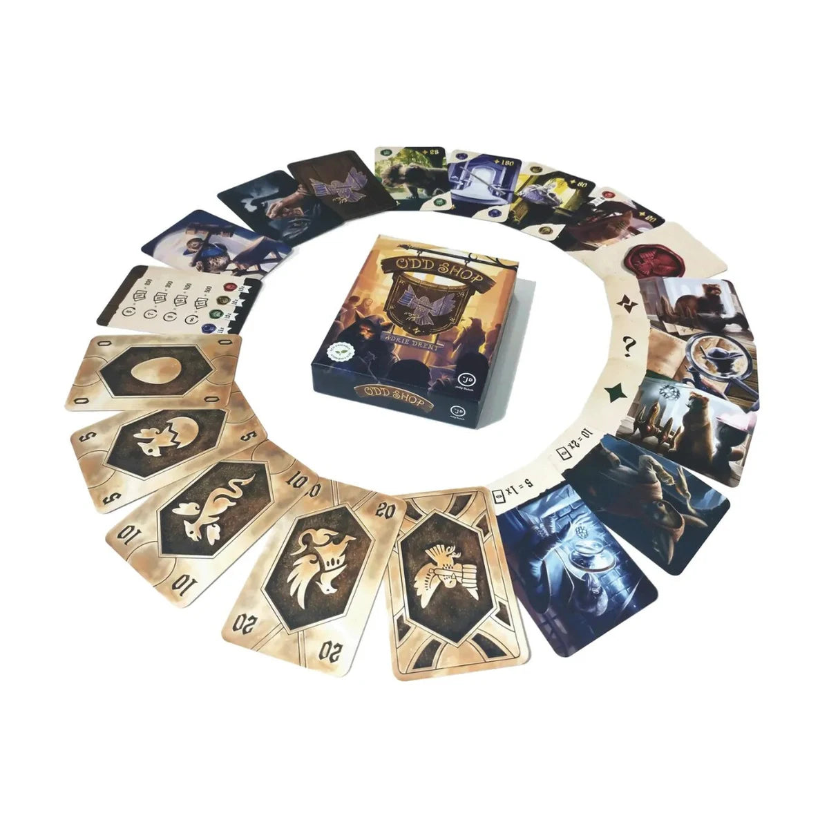 Odd Shop Card Game box surrounded by item cards, credit cards and other game components