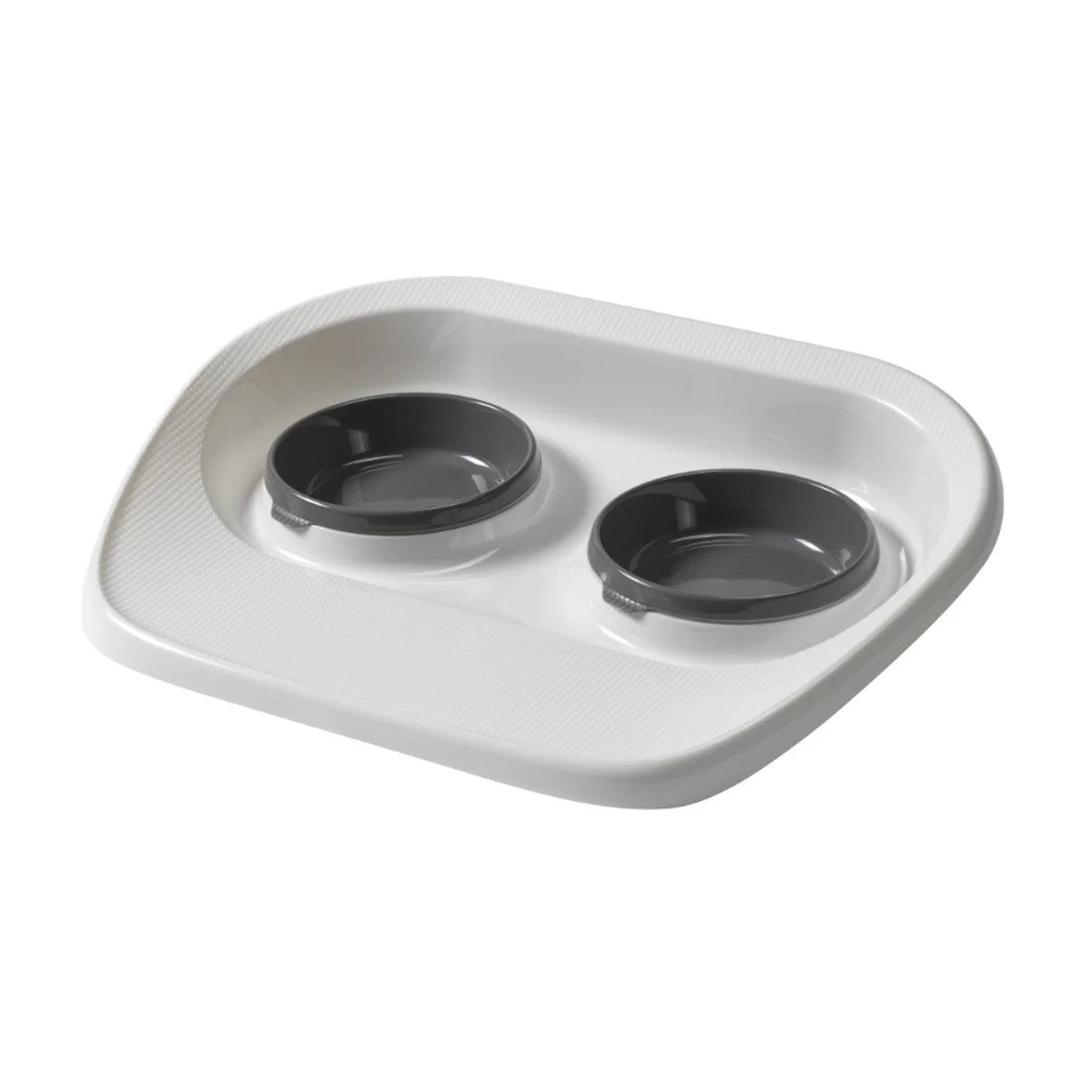 Moderna Tidy Diner double pet bowl feeder featuring two dark grey feeding bowls in a white raised spill-catching tray for cats and small dogs.