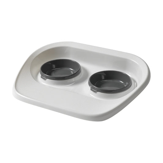 Moderna Tidy Diner double pet bowl feeder featuring two dark grey feeding bowls in a white raised spill-catching tray for cats and small dogs.