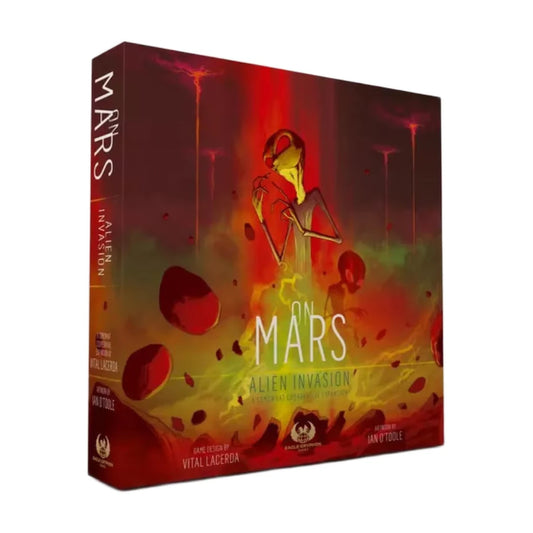 On Mars Alien Invasion expansion angled box for the cooperative and solo sci-fi board game expansion by Vital Lacerda