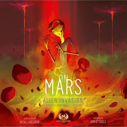 On Mars Alien Invasion expansion front cover artwork showing alien invasion theme for the On Mars board game
