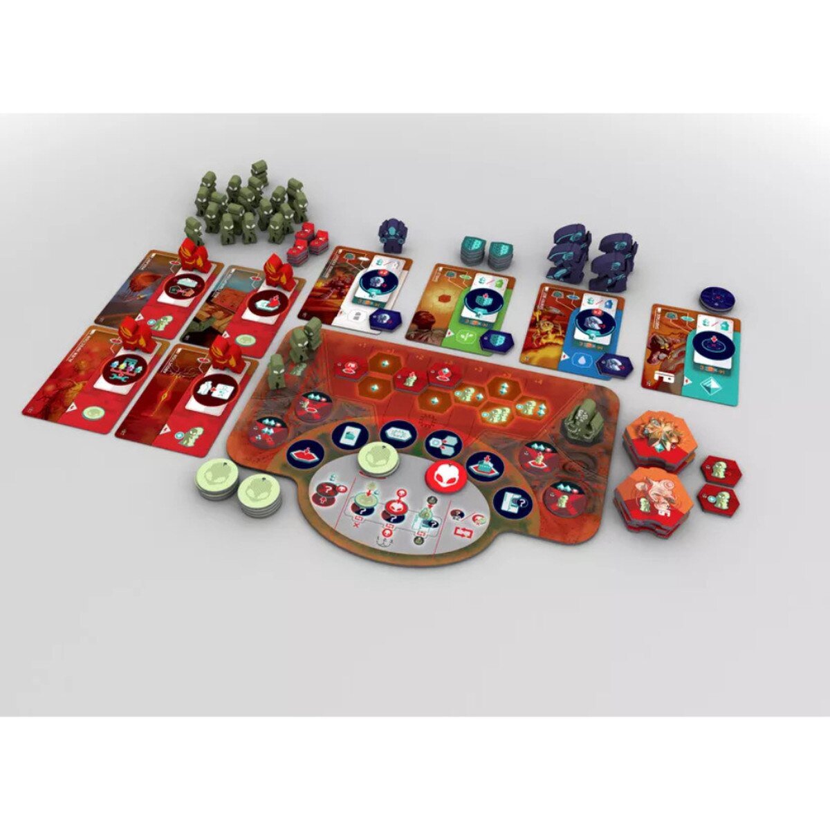 On Mars Alien Invasion expansion full table setup with Mars board, alien meeples, cards, tokens and cooperative scenario components