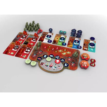 On Mars Alien Invasion expansion full table setup with Mars board, alien meeples, cards, tokens and cooperative scenario components