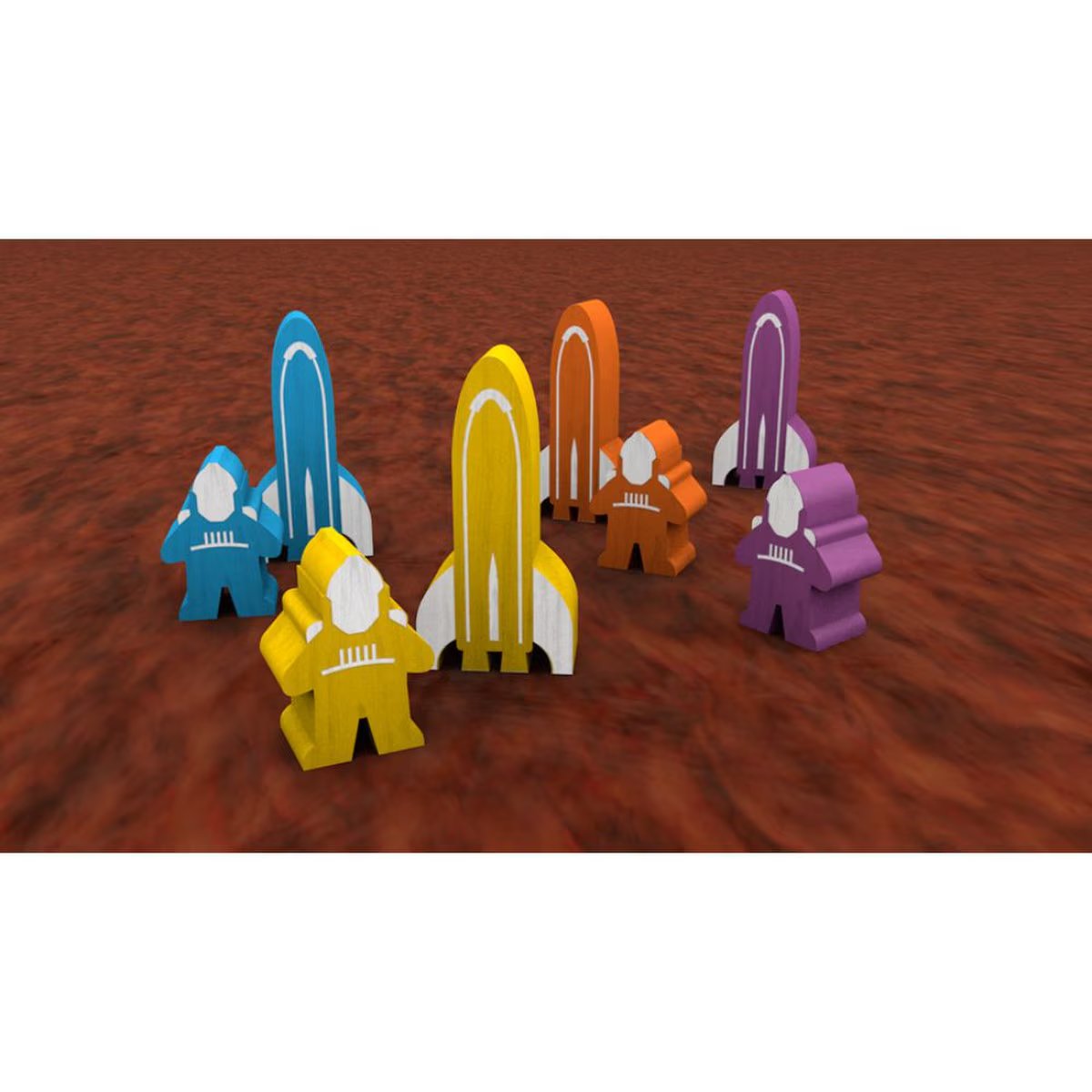 On Mars board game astronaut and rocket components showing player pieces used for Mars colony development and travel