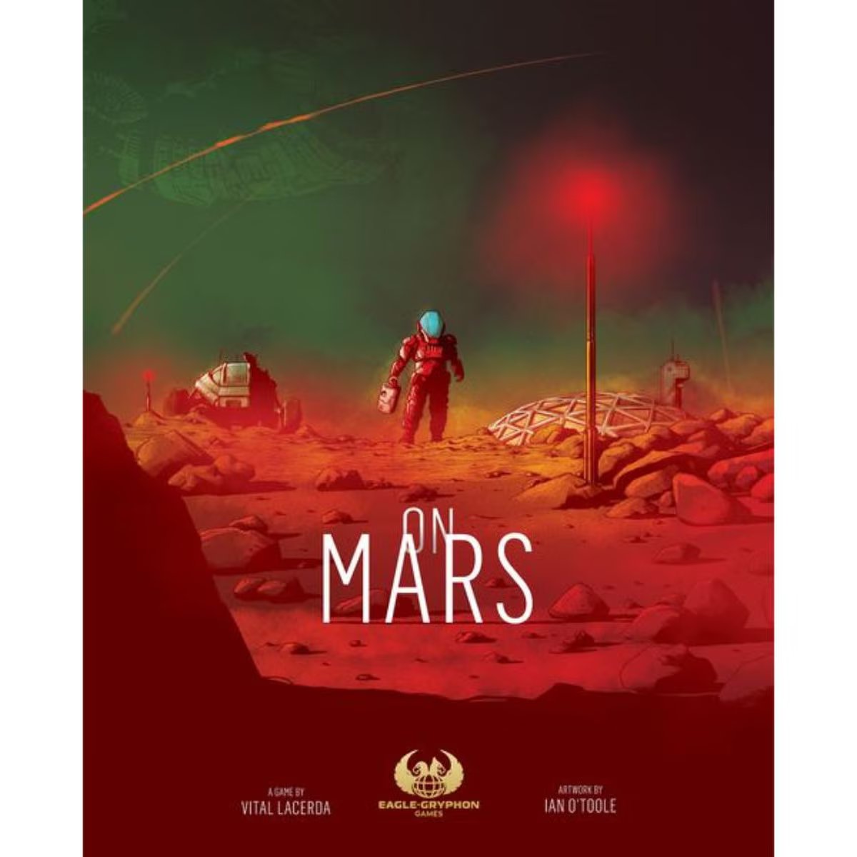 On Mars board game front cover showing the heavy Mars colony strategy game by Vital Lacerda and Ian OToole