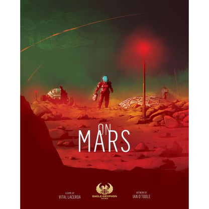On Mars board game front cover showing the heavy Mars colony strategy game by Vital Lacerda and Ian OToole