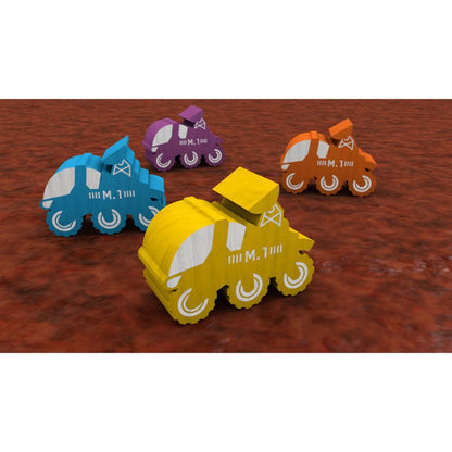 On Mars board game rover pieces close-up showing colourful Mars exploration vehicles for heavy strategy gameplay