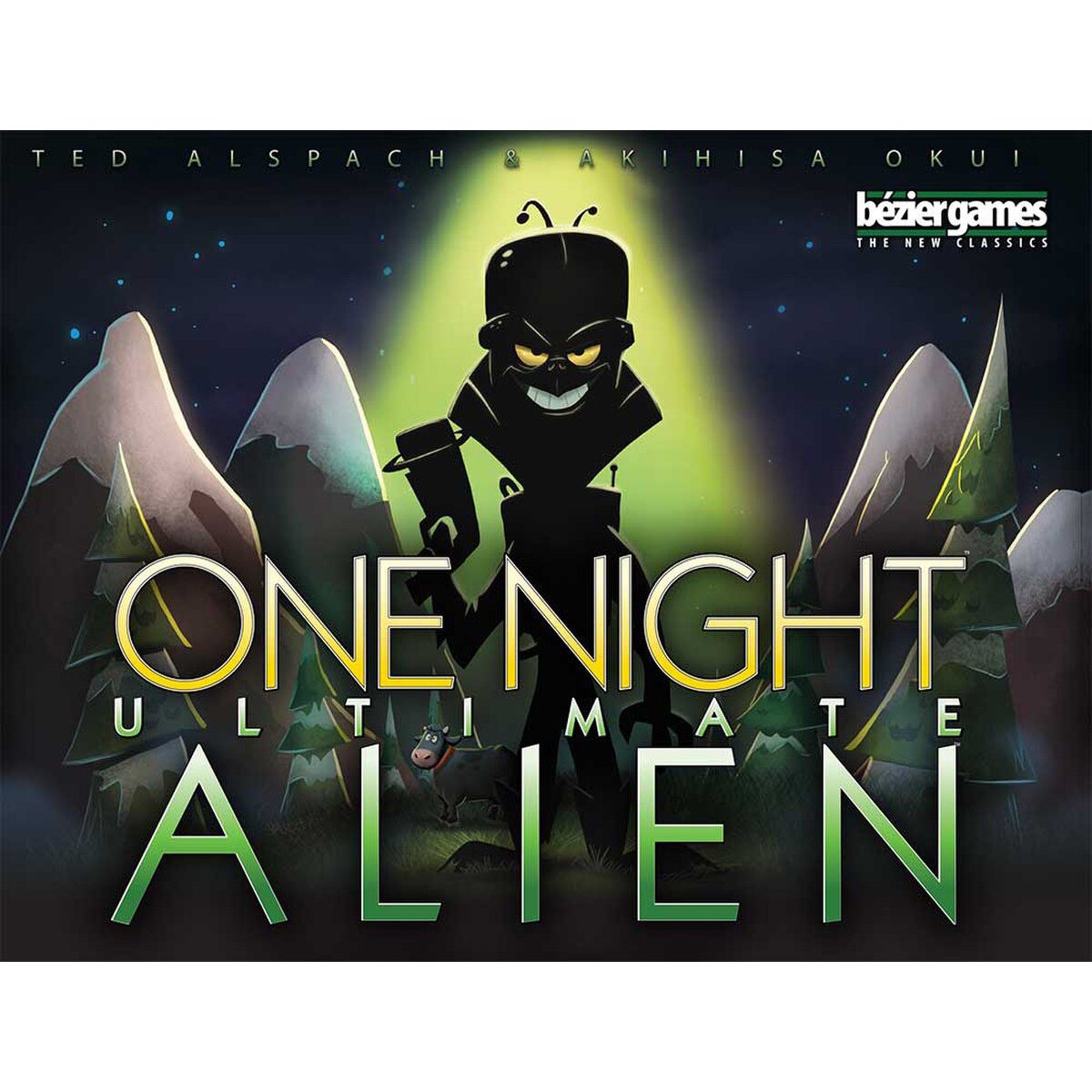 One Night Ultimate Alien card game front cover featuring an alien figure under a green beam and Bézier Games logo