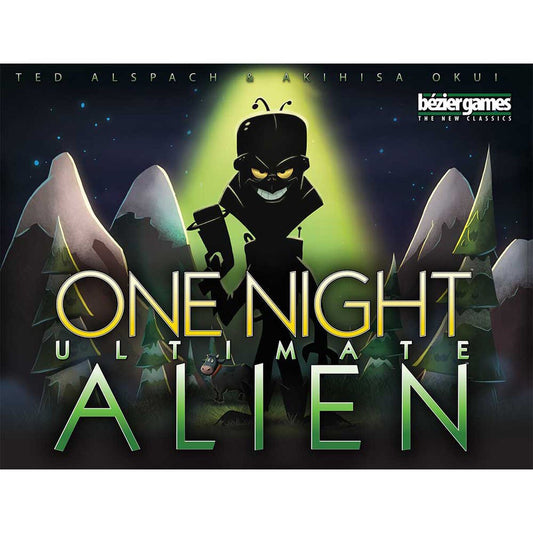 One Night Ultimate Alien card game front cover featuring an alien figure under a green beam and Bézier Games logo