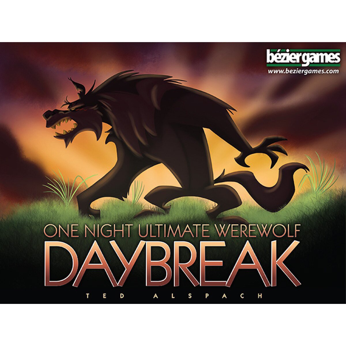 One Night Ultimate Daybreak card game front cover featuring a werewolf silhouette and Bézier Games logo