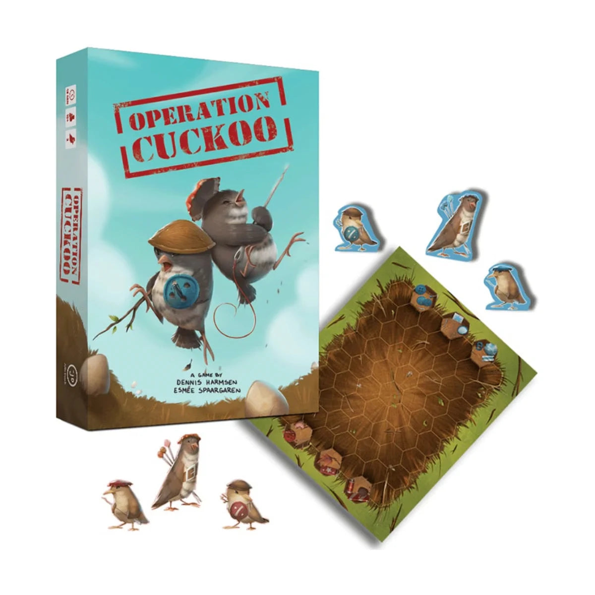 Operation Cuckoo box with nest game board and blue and red cuckoo and reed warbler playing pieces