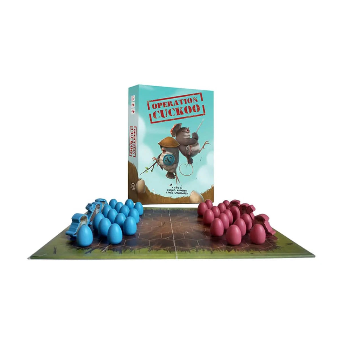 Operation Cuckoo board game with blue and red wooden eggs and bird pieces set up on the nest board