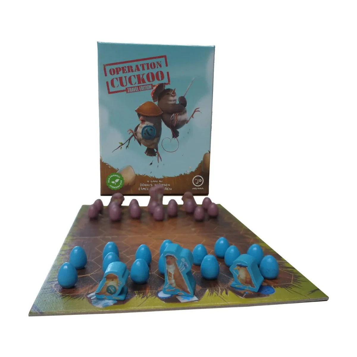 Operation Cuckoo Travel Edition board game set up with compact game board, blue and red wooden pieces and game box