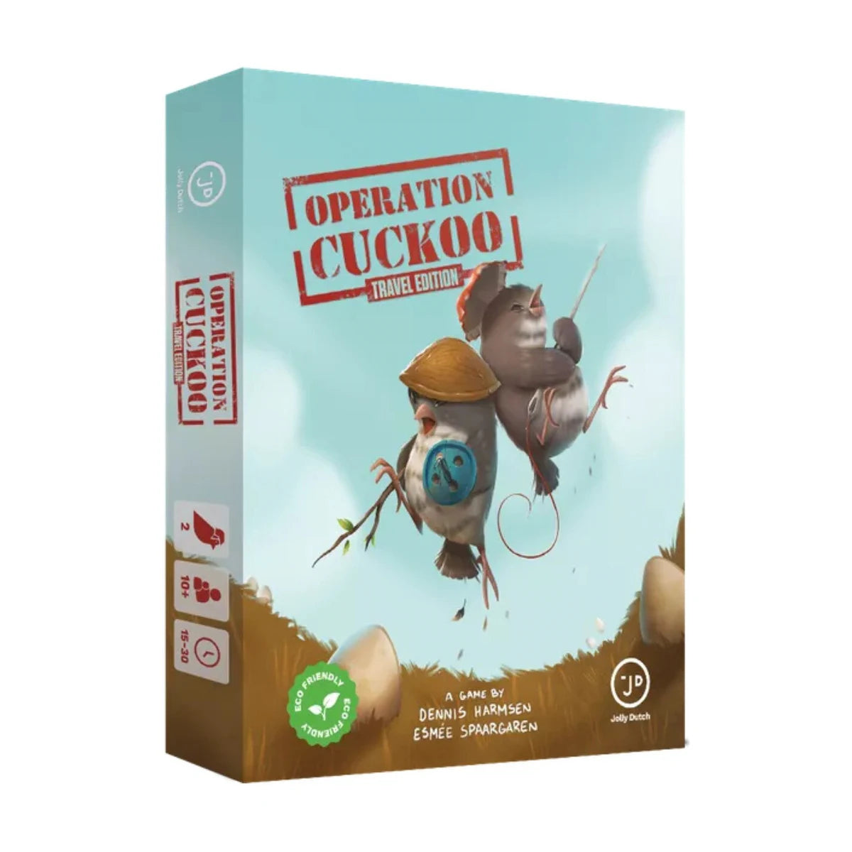 Operation Cuckoo Travel Edition board game box by Jolly Dutch featuring the two rival cuckoo characters