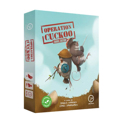 Operation Cuckoo Travel Edition board game box by Jolly Dutch featuring the two rival cuckoo characters
