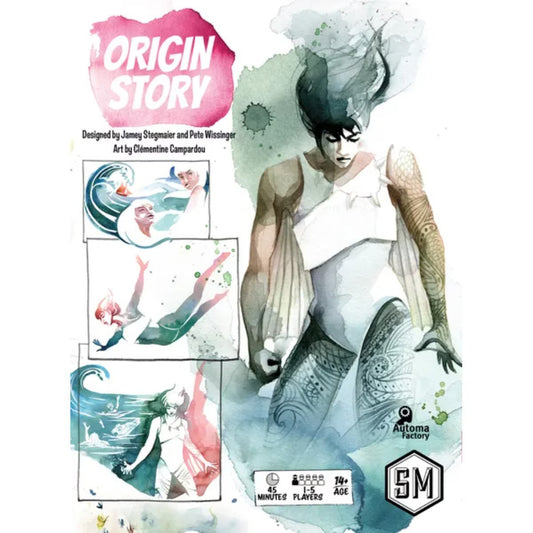 Origin Story card game box cover showing superhero artwork and 1 to 5 player details